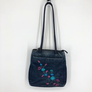 Vintage 90s Y2K Denim Purse‎ Floral Embroidered Long Drop Shoulder Bag Satchel